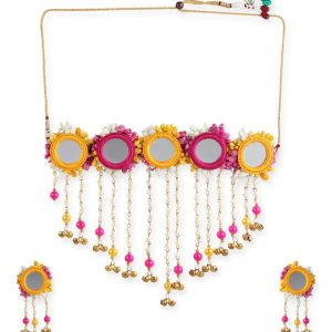 Myindiecraft Multicolor Mirror Floral Jewellery Set