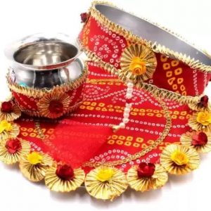 Myindiecraft Karvachauth Pooja thali set Stainless Steel Stainless Steel  (3 Pieces, Red)