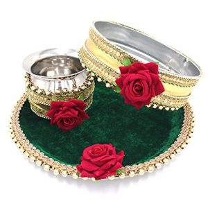 Myindiecraft Karvachauth Pooja thali set Stainless Steel Stainless Steel  (3 Pieces, Green)