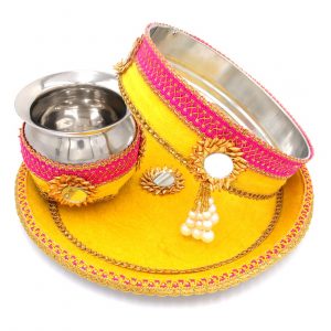 Myindiecraft Karvachauth Pooja thali set Stainless Steel Stainless Steel  (3 Pieces, Yellow)