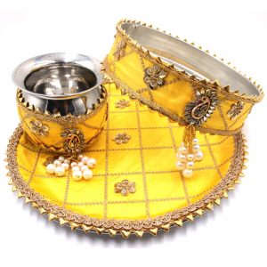 Myindiecraft Karvachauth Pooja thali set Stainless Steel Stainless Steel  (3 Pieces, Yellow)