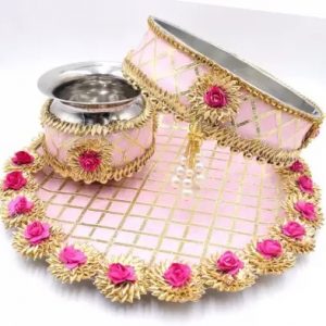 Myindiecraft Karvachauth Pooja thali set Stainless Steel Stainless Steel  (3 Pieces, Pink)