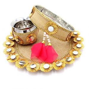 Myindiecraft Karvachauth Pooja thali set Stainless Steel Stainless Steel (3 Pieces, Yellow)