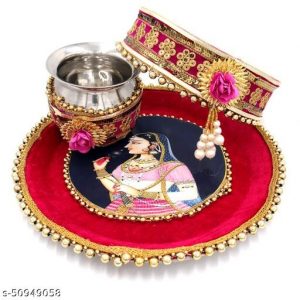 Myindiecraft Karvachauth Pooja thali set Stainless Steel Stainless Steel  (3 Pieces, Pink)
