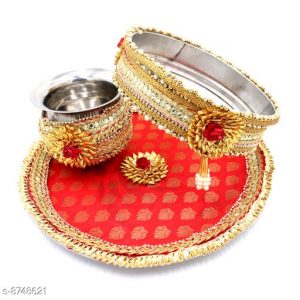 Myindiecraft Karvachauth Pooja thali set Stainless Steel Stainless Steel  (3 Pieces, Red)