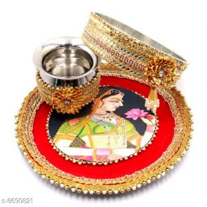 Myindiecraft Karvachauth Pooja thali set Stainless Steel Stainless Steel  (3 Pieces, Red)
