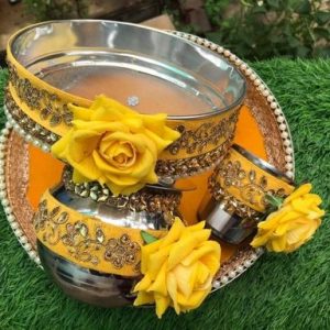 Myindiecraft Karvachauth Pooja thali set Stainless Steel Stainless Steel  (3 Pieces, Yellow)